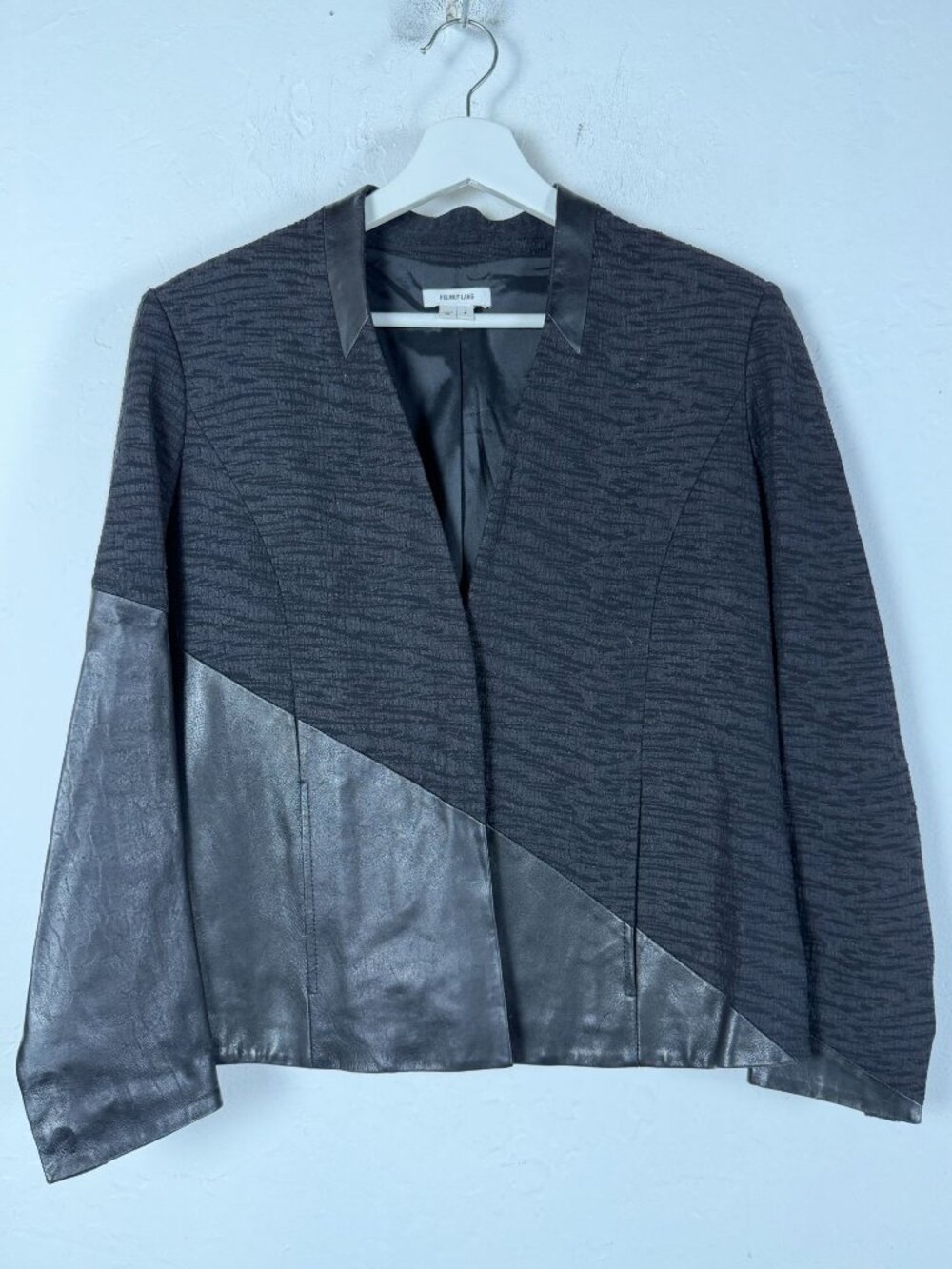 Helmut Lang Womens Size 4 Leather Trim Knit Blazer Jacket Charcoal Black Texture